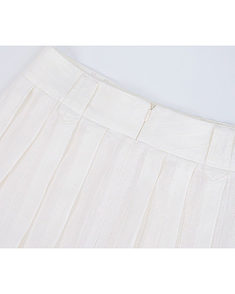 White Breathable Linen Pleated Midi Skirt Suitpure