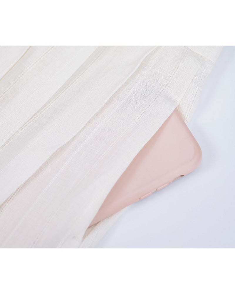 White Breathable Linen Pleated Midi Skirt Suitpure