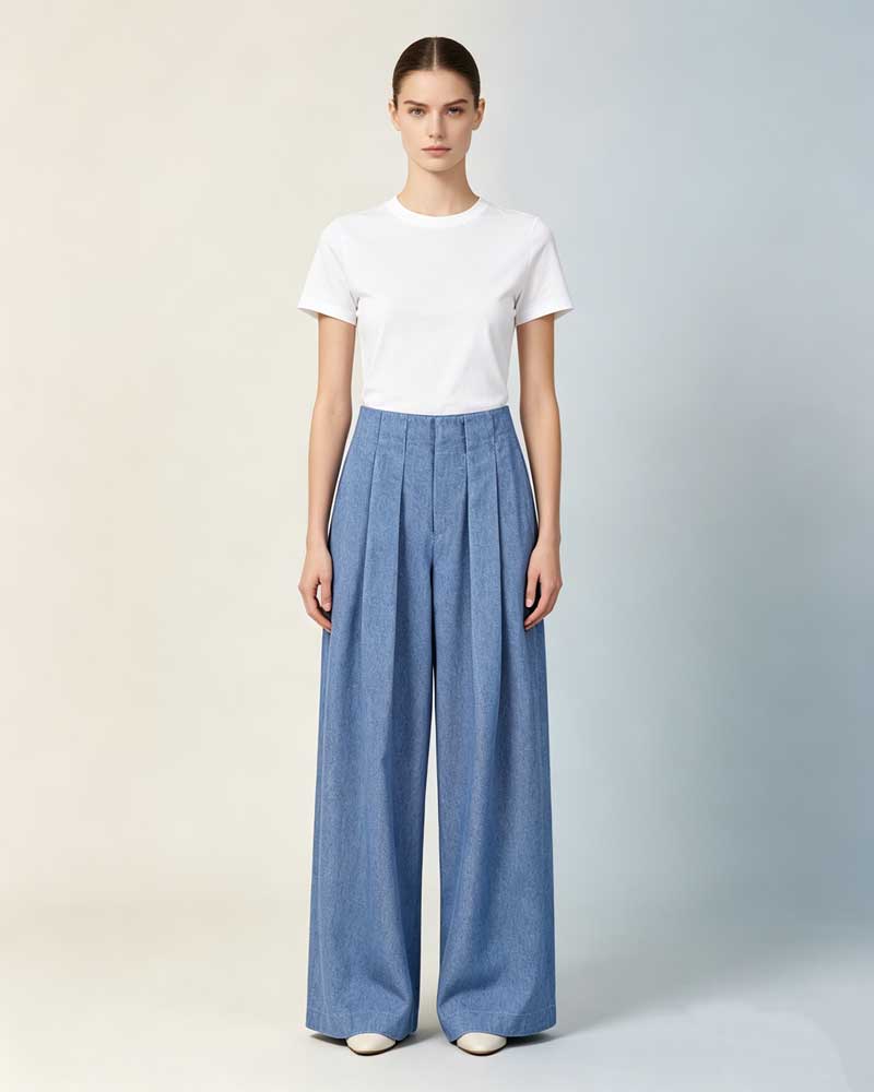Breathable Linen Chambray High Waist Wide Leg Pants