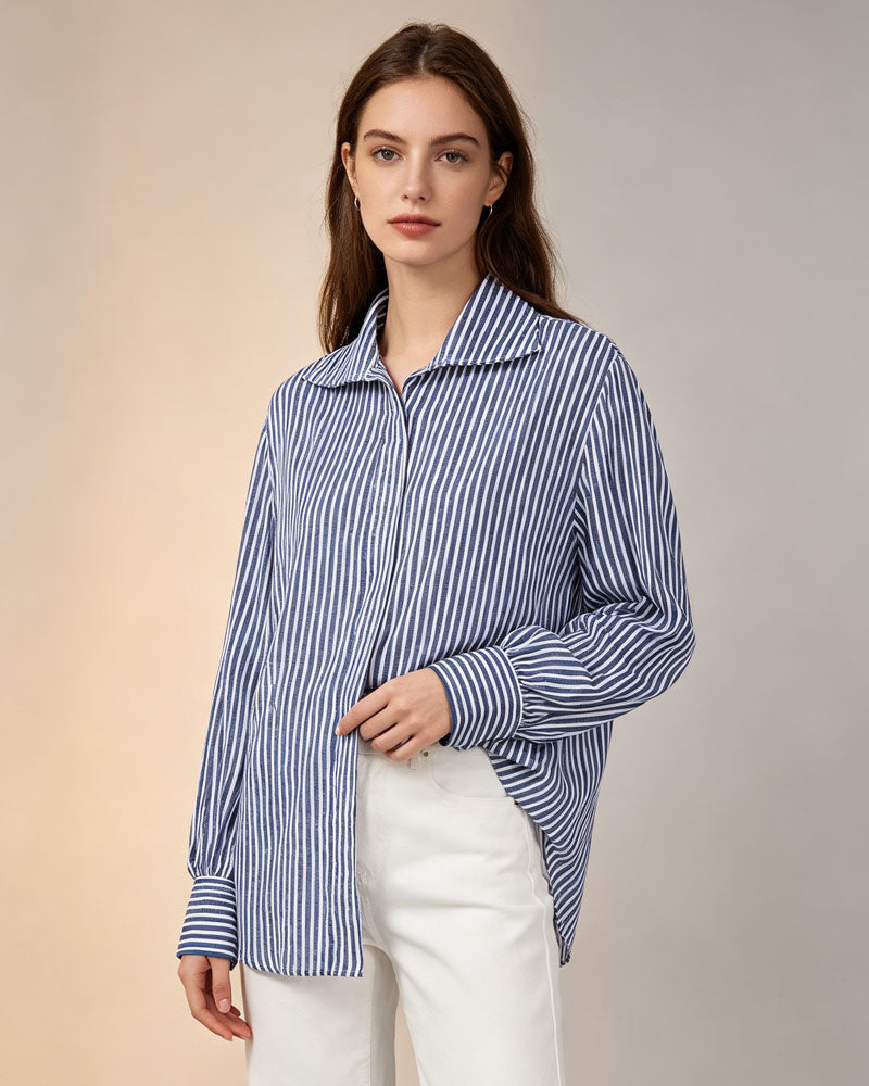 Women Lightweight Blue Vertical Stripe Long Sleeve Blouse Suitpure