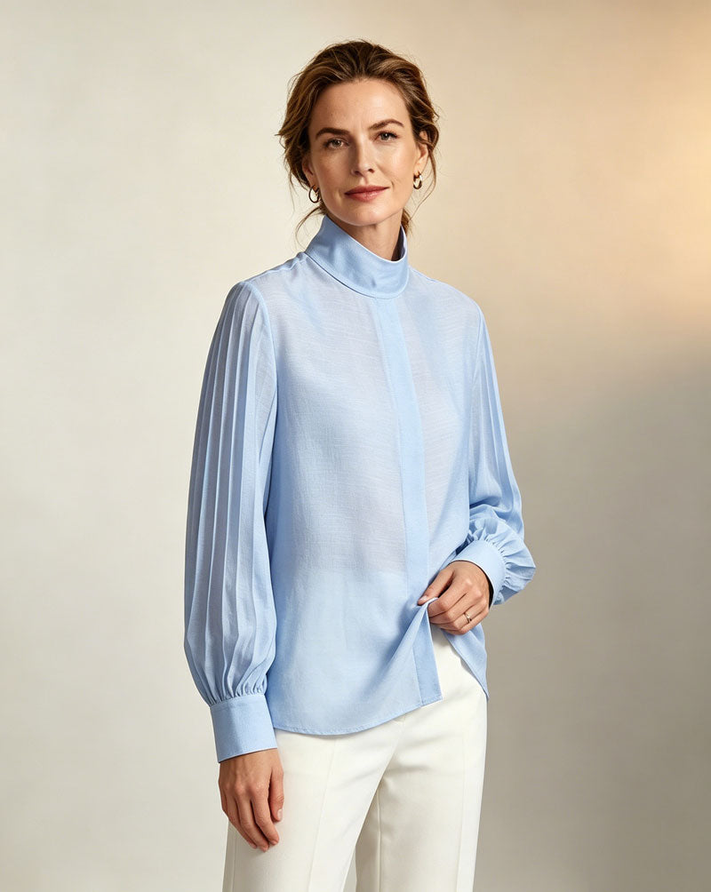 Mandarin Tencel Acetate Pullover Blouse with Lantern Puff Sleeves Suitpure