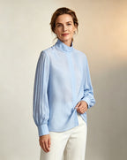 Mandarin Tencel Acetate Pullover Blouse with Lantern Puff Sleeves Suitpure