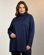 Navy Silk Linen Mandarin Collar Pullover Blouse Suitpure