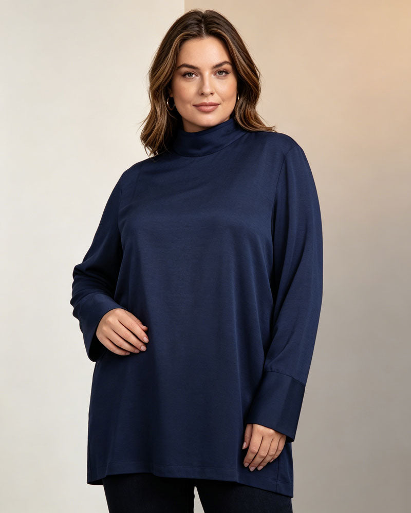 Navy Silk Linen Mandarin Collar Pullover Blouse Suitpure