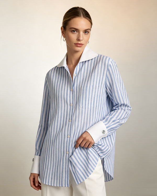 100% Linen Blue White Stripe Breeze Linen Shirt Suitpure