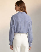 Women Lightweight Blue Vertical Stripe Long Sleeve Blouse Suitpure