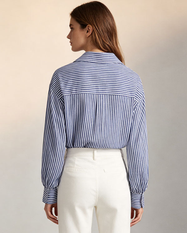 Women Lightweight Blue Vertical Stripe Long Sleeve Blouse Suitpure