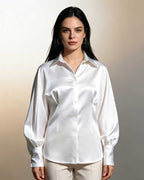 White Satin Batwing Sleeve Shirt Women Cuff Button Collar Office Blouse Suitpure