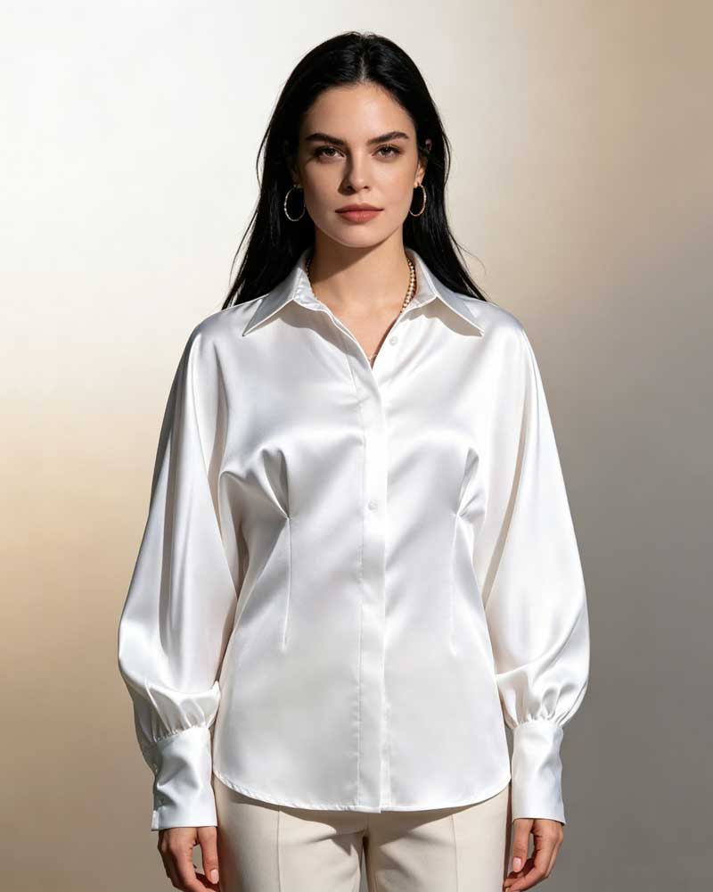 White Satin Batwing Sleeve Shirt Women Cuff Button Collar Office Blouse Suitpure