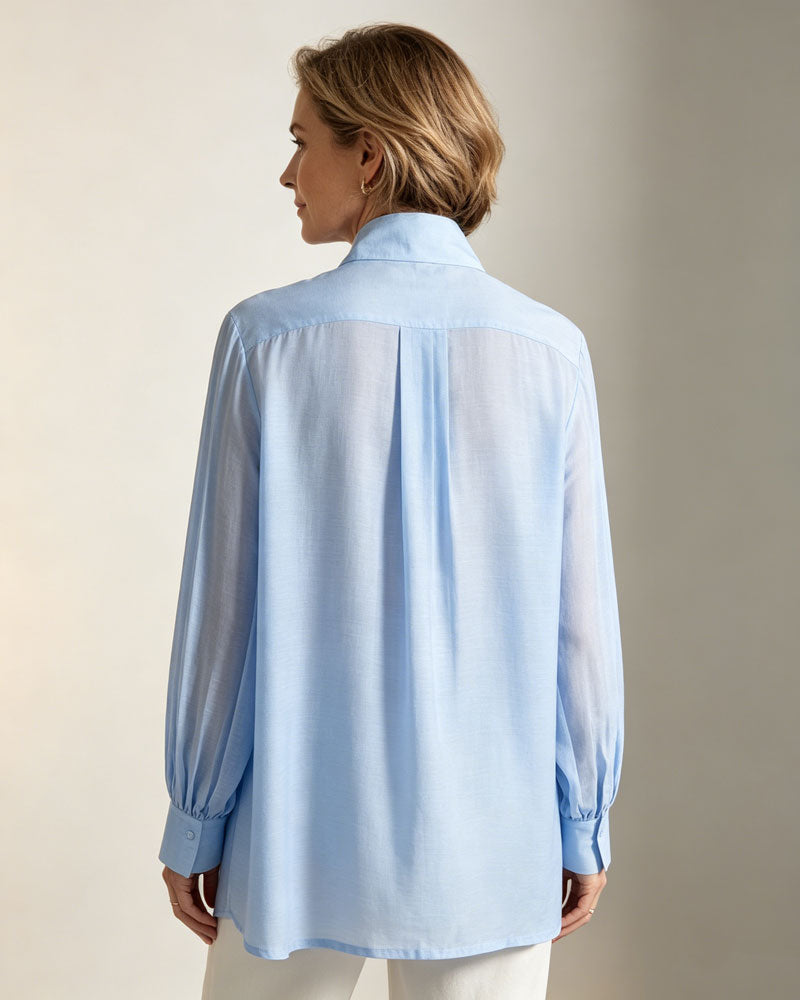 Mandarin Tencel Acetate Pullover Blouse with Lantern Puff Sleeves Suitpure
