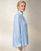 Mandarin Tencel Acetate Pullover Blouse with Lantern Puff Sleeves Suitpure