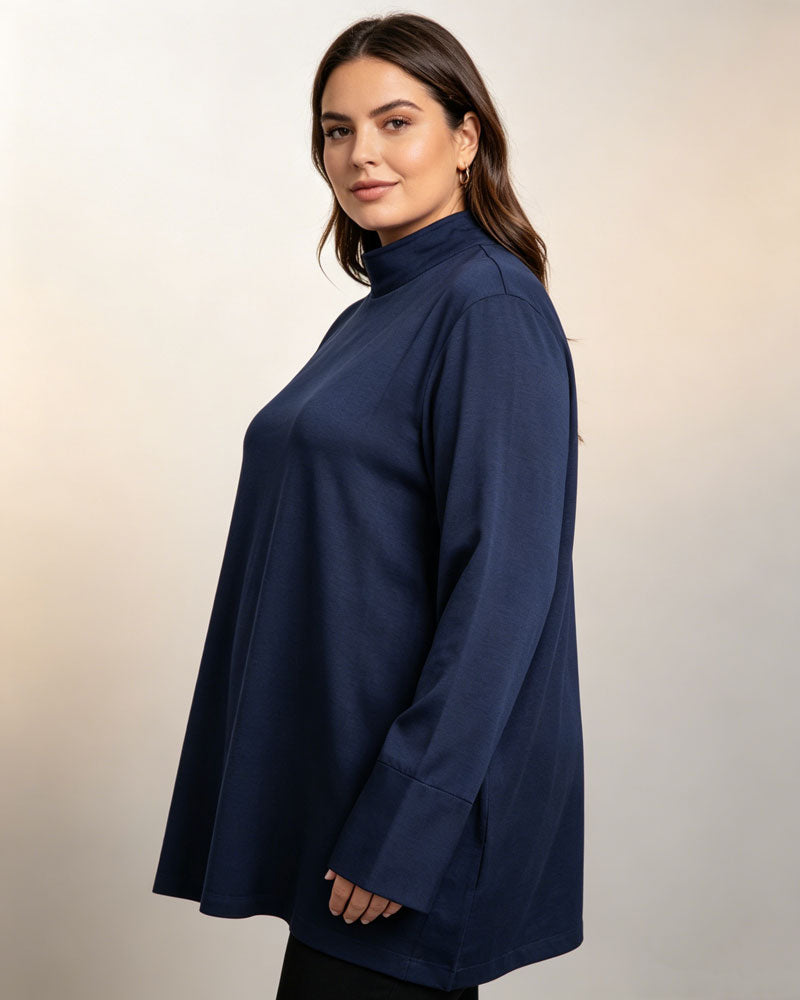 Navy Silk Linen Mandarin Collar Pullover Blouse Suitpure