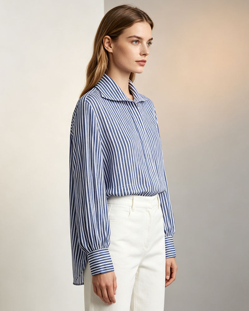 Women Lightweight Blue Vertical Stripe Long Sleeve Blouse Suitpure