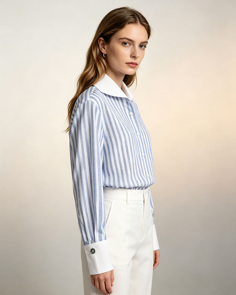 100% Linen Blue White Stripe Breeze Linen Shirt Suitpure