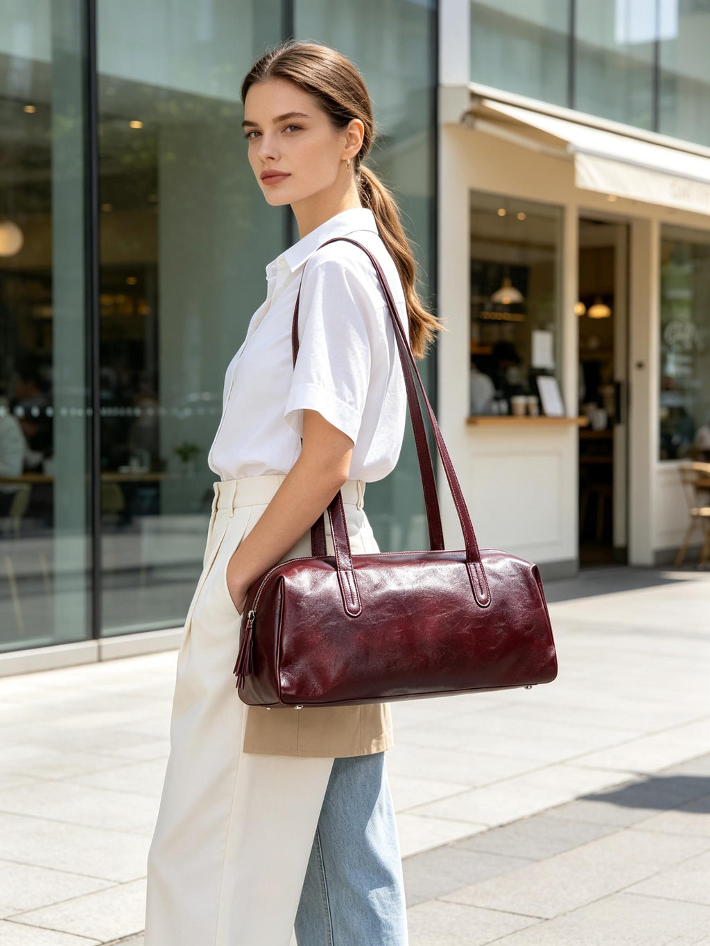 Women Vintage Burgundy Soft Genuine Leather Shoulder Bag Suitpure