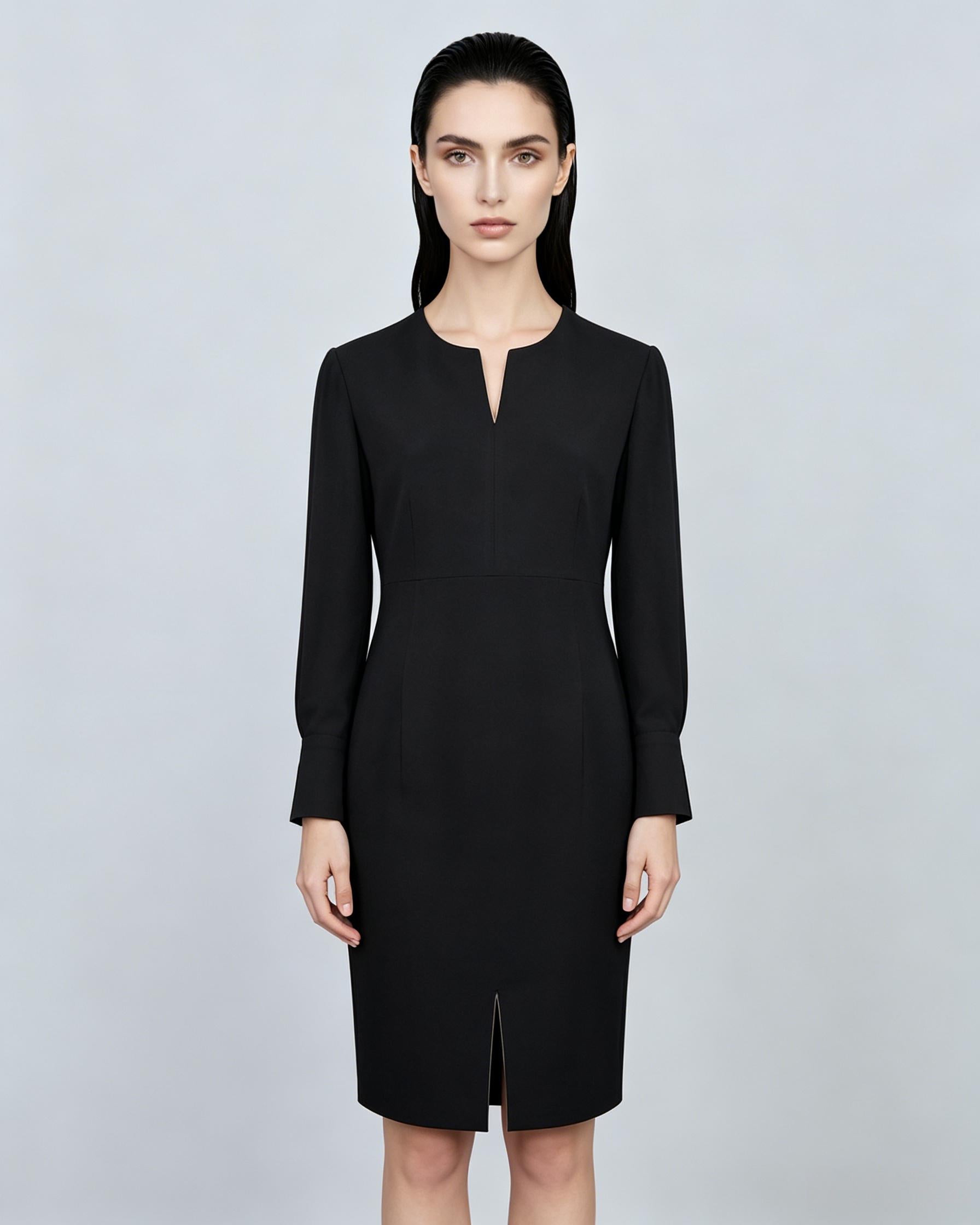 Women Elegant Black V Notch Neck Long Sleeve Sheath Dress for Office Work Suitpure