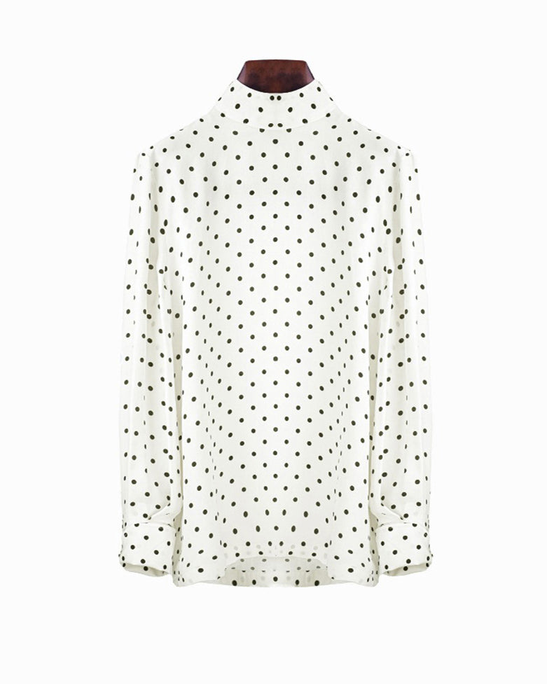 Chiffon-Like White Polka Dot High Neck Long Sleeve Blouse Suitpure