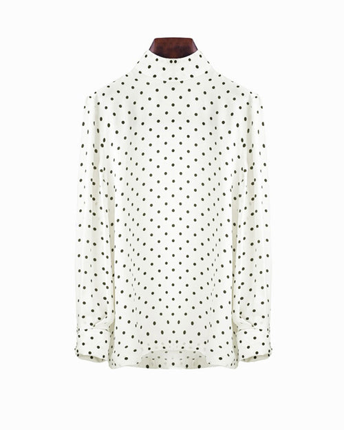 Chiffon-Like White Polka Dot High Neck Long Sleeve Blouse Suitpure