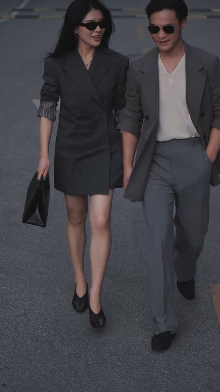 Women’s Dark Grey Asymmetric Oblique Placket Waist-Cinching Long Blazer Dress