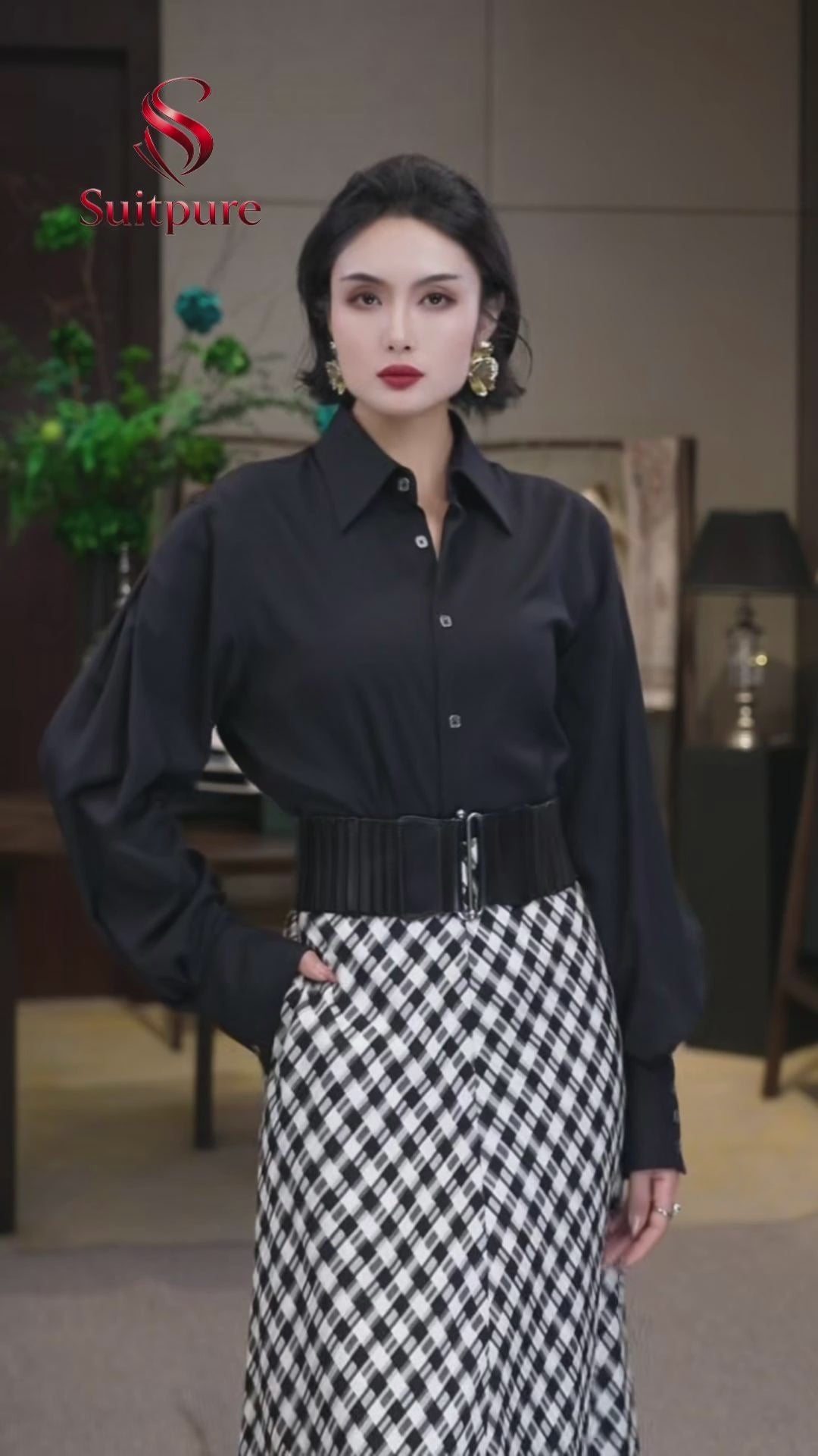 Luxurious Black Satin Button-Up Shirt with Tailored Cuffs