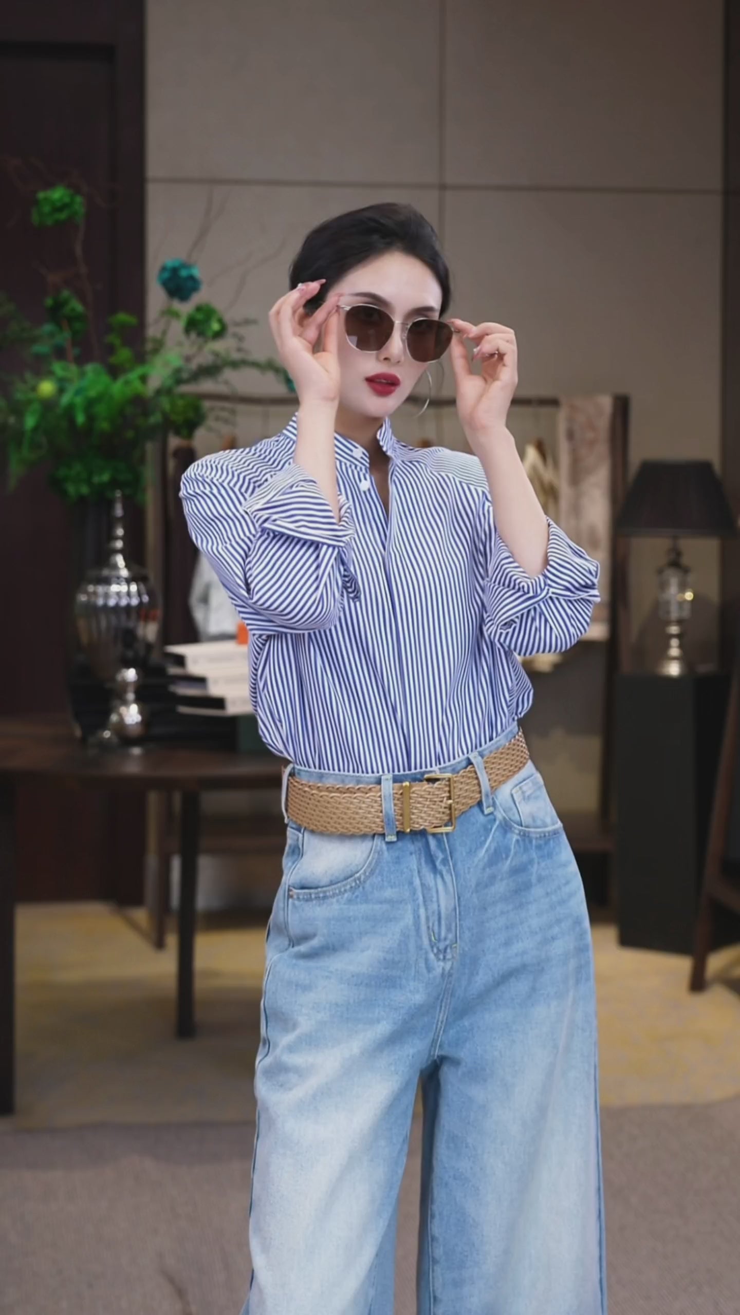 Timeless Blue and White Striped Mandarin Collar Shirt Jacket