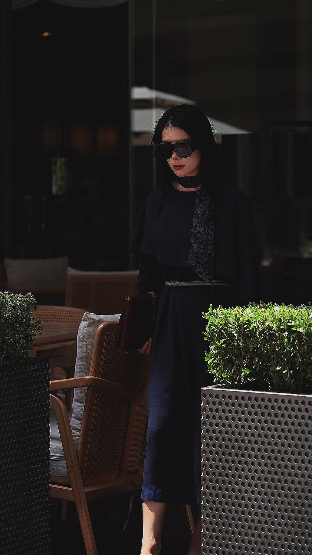 Women Belted Waist Cape Collar Navy Long Sleeve Office Midi Dress