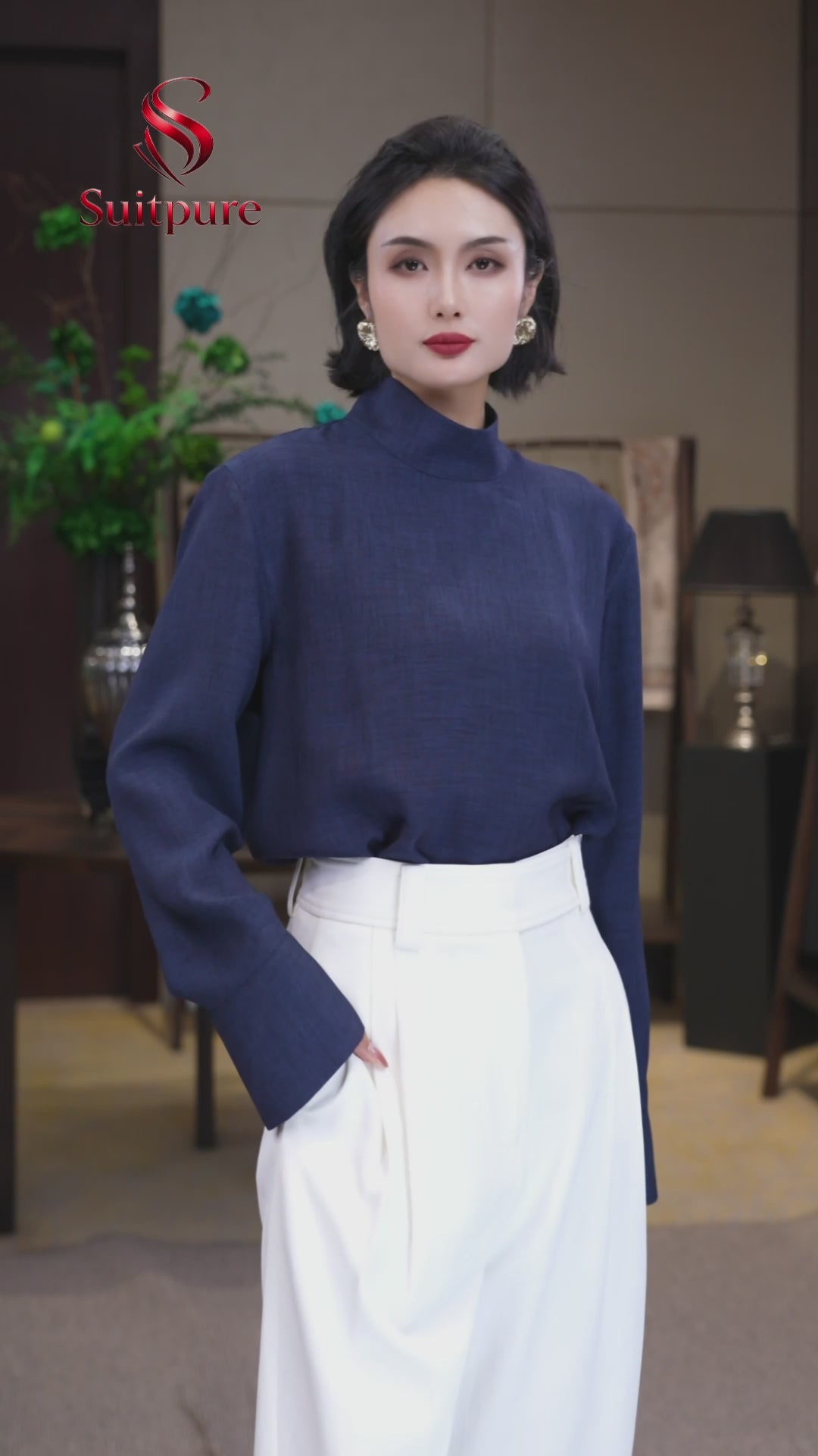 Navy Silk Linen Mandarin Collar Pullover Blouse