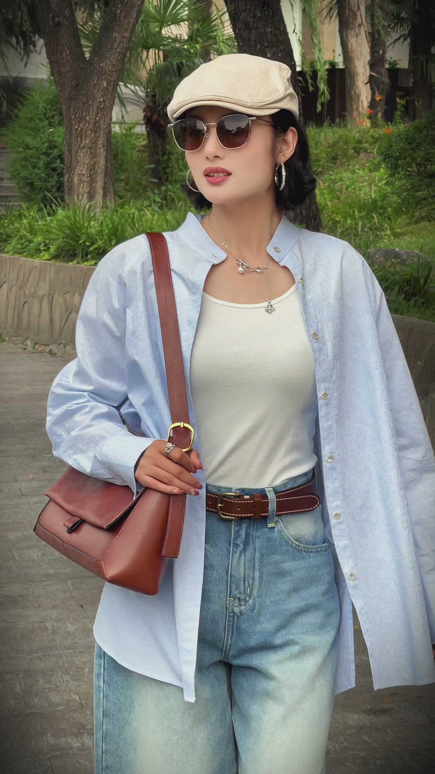 Chic Pale Blue Jacquard Raglan Sleeve Oversized Shirt