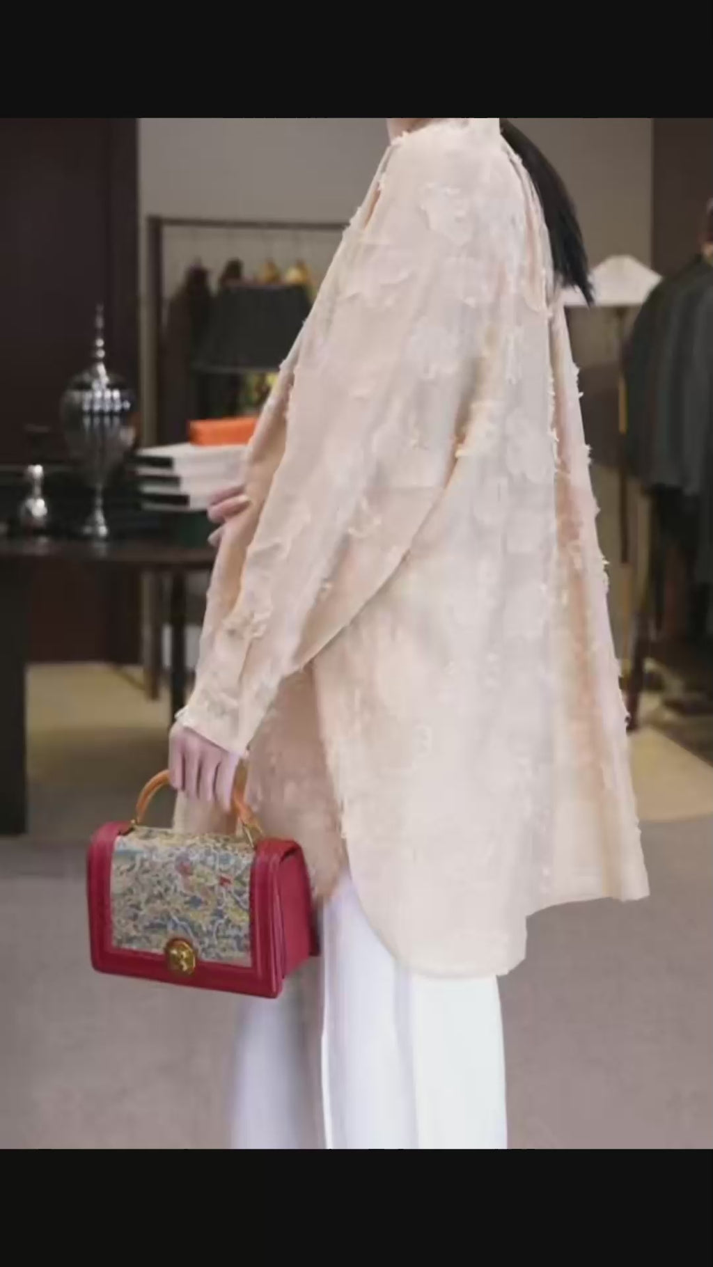 Champagne Butterfly Clipped Jacquard Pleated Mandarin Oversized Blouse