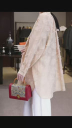 Champagne Butterfly Clipped Jacquard Pleated Mandarin Oversized Blouse