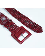 Wine Red Wide Woven Leather Belt with Square Buckle for Dresses & Outfits Suitpure
