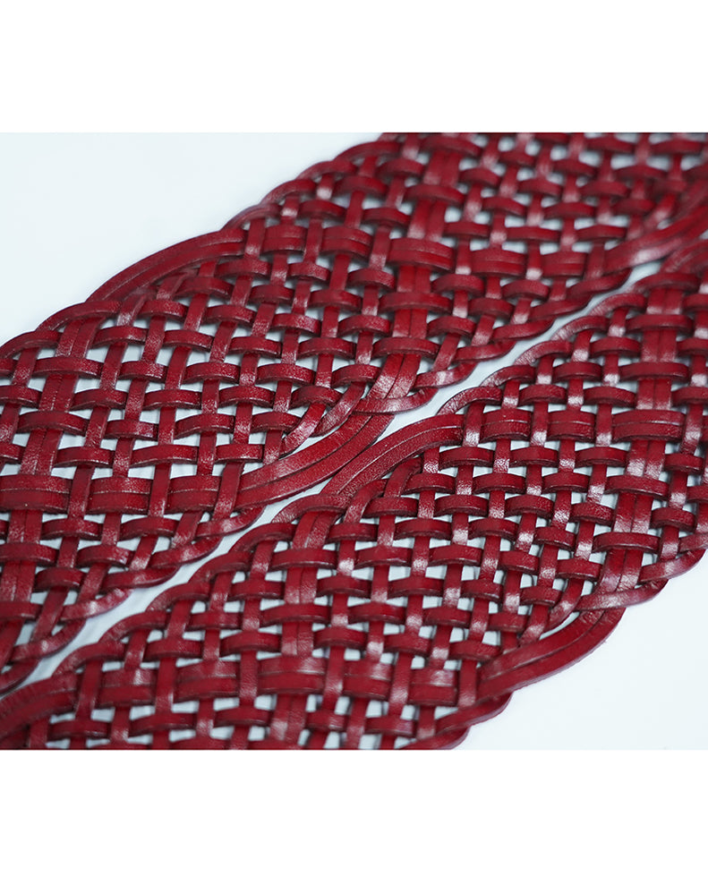 Wine Red Wide Woven Leather Belt with Square Buckle for Dresses & Outfits Suitpure