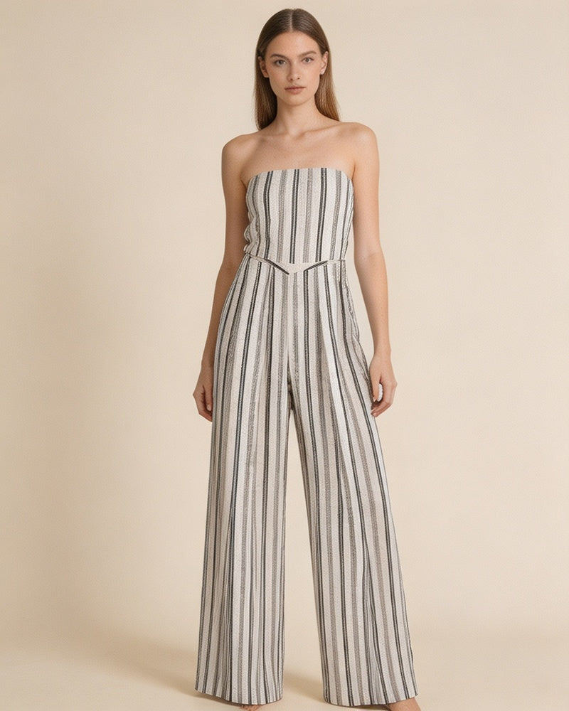 High-Waist Linen Stripe Wide Trousers | Concealed Pleats Suitpure