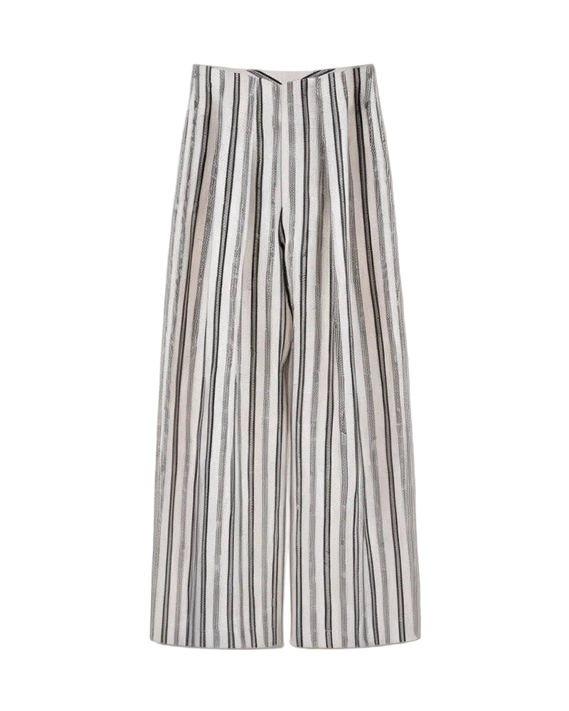 High-Waist Linen Stripe Wide Trousers | Concealed Pleats Suitpure