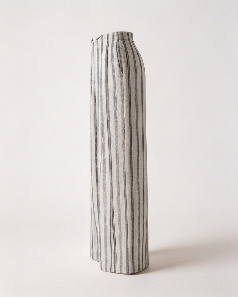 High-Waist Linen Stripe Wide Trousers | Concealed Pleats Suitpure