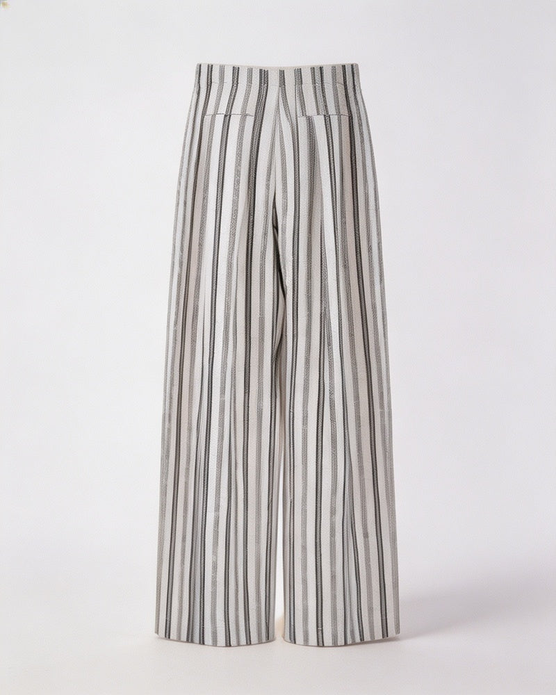 High-Waist Linen Stripe Wide Trousers | Concealed Pleats Suitpure