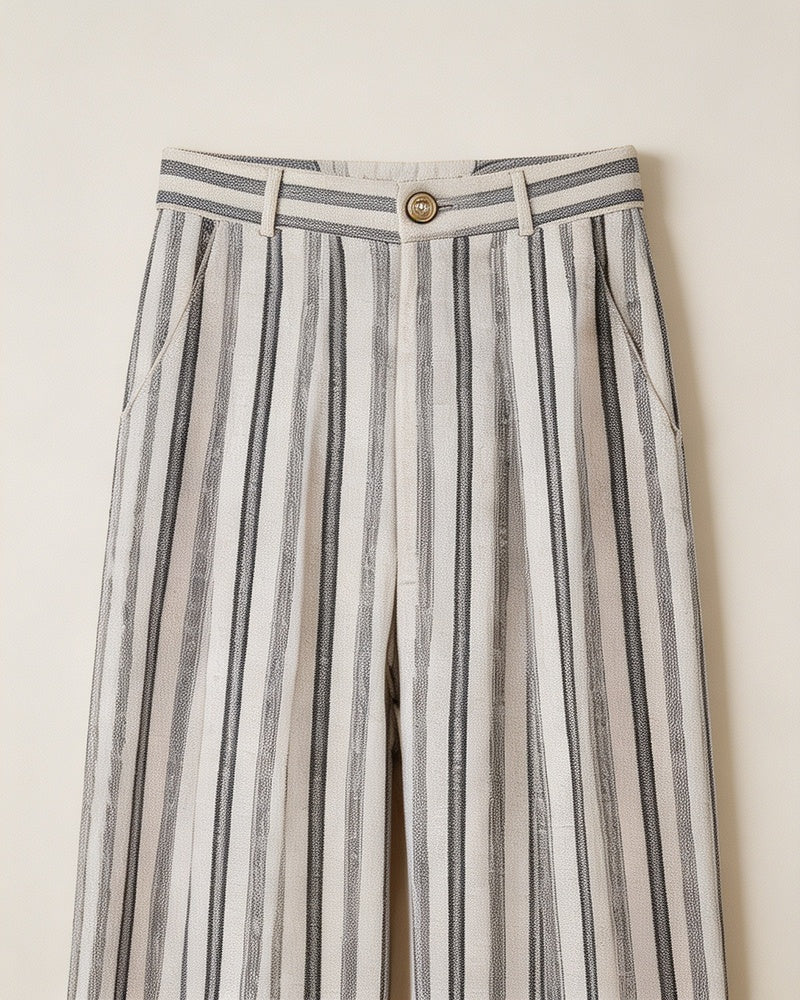 High-Waist Linen Stripe Wide Trousers | Concealed Pleats Suitpure