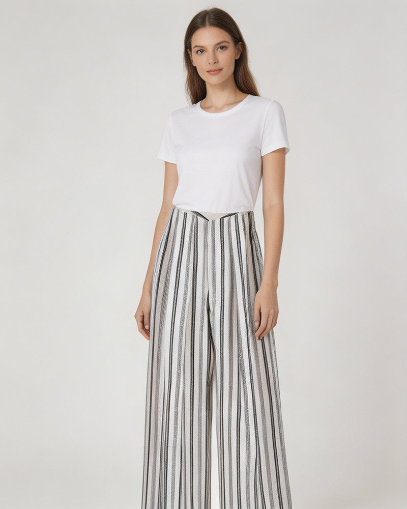 High-Waist Linen Stripe Wide Trousers | Concealed Pleats Suitpure