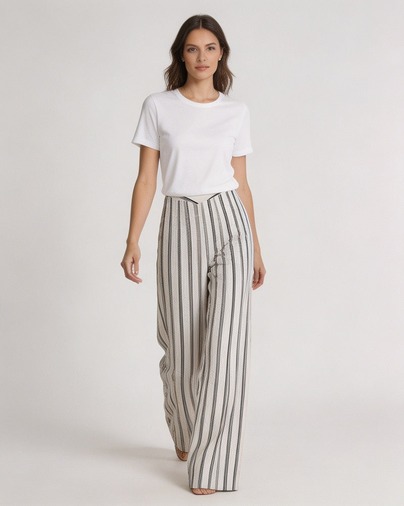 High-Waist Linen Stripe Wide Trousers | Concealed Pleats Suitpure