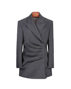 Women’s Dark Grey Asymmetric Oblique Placket Waist-Cinching Long Blazer Dress