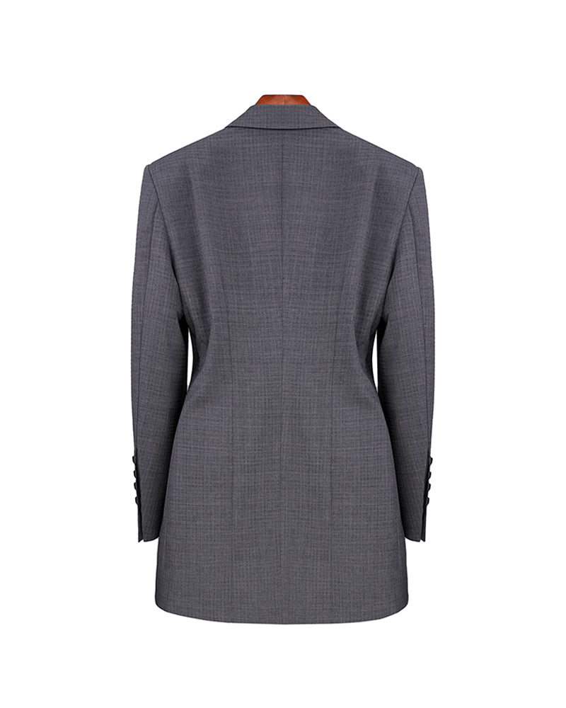 Women’s Dark Grey Asymmetric Oblique Placket Waist-Cinching Long Blazer Dress