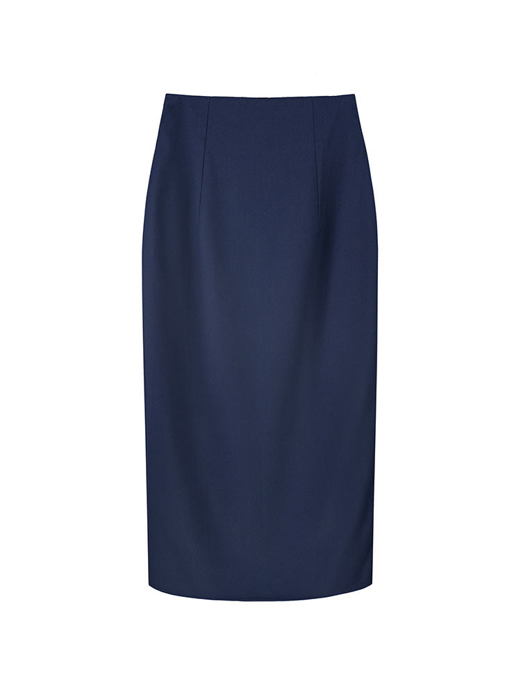 High Rise Navy Pencil Midi Skirt With Back Vent, Soft Wool Blend Fabric Corporate Office Skirt
