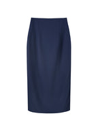 High Rise Navy Pencil Midi Skirt With Back Vent, Soft Wool Blend Fabric Corporate Office Skirt