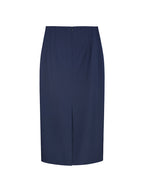 High Rise Navy Pencil Midi Skirt With Back Vent, Soft Wool Blend Fabric Corporate Office Skirt