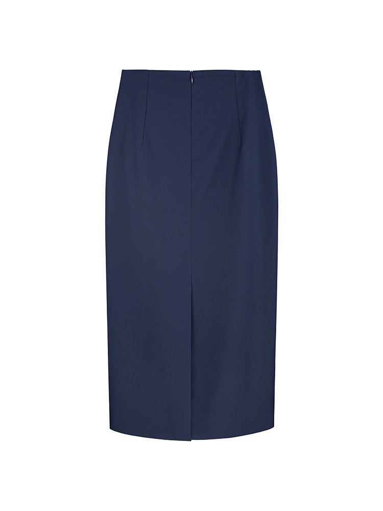 High Rise Navy Pencil Midi Skirt With Back Vent, Soft Wool Blend Fabric Corporate Office Skirt
