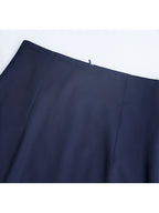 High Rise Navy Pencil Midi Skirt With Back Vent, Soft Wool Blend Fabric Corporate Office Skirt