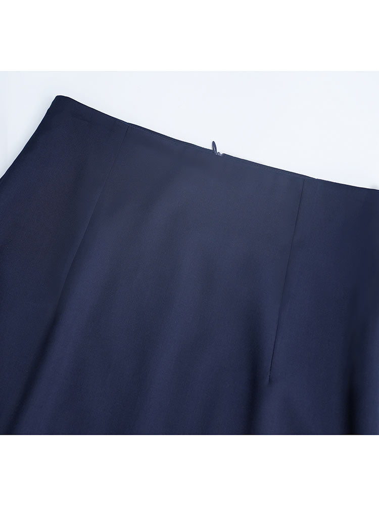 High Rise Navy Pencil Midi Skirt With Back Vent, Soft Wool Blend Fabric Corporate Office Skirt