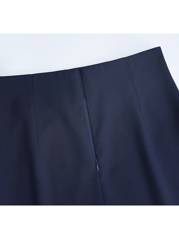 High Rise Navy Pencil Midi Skirt With Back Vent, Soft Wool Blend Fabric Corporate Office Skirt