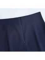 High Rise Navy Pencil Midi Skirt With Back Vent, Soft Wool Blend Fabric Corporate Office Skirt
