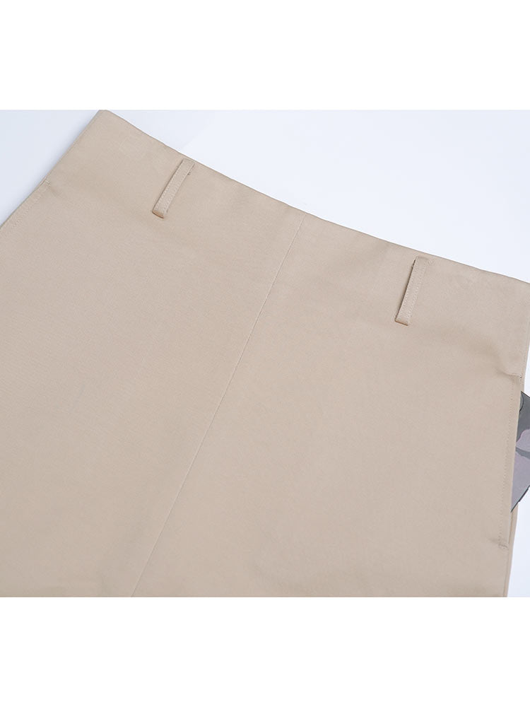 Khaki Tencel‑Cotton Waist‑Incorporated Midi Skirt Front & Back Slit